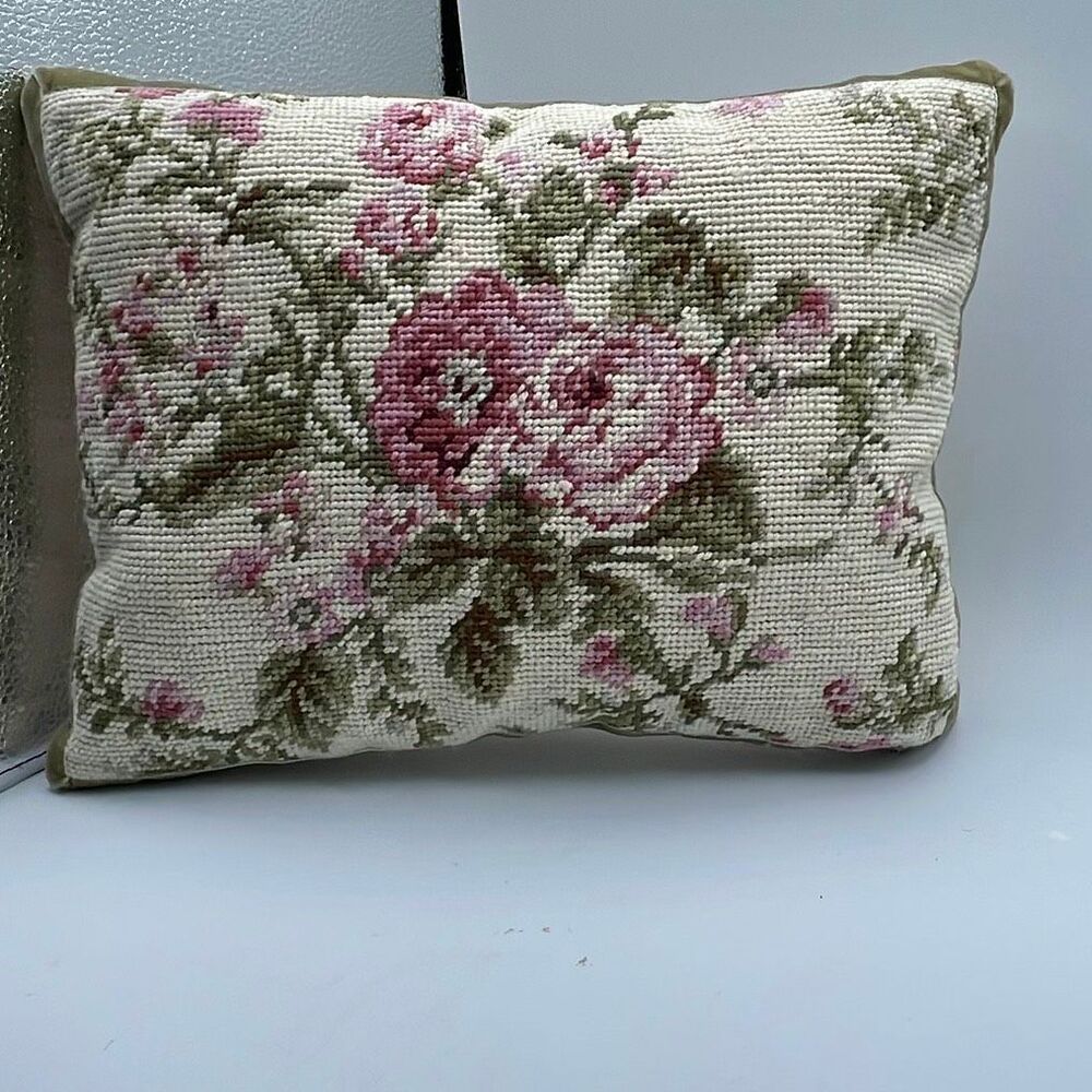 Vintage floral needlepoint throw pillow charming roses velvet trim.